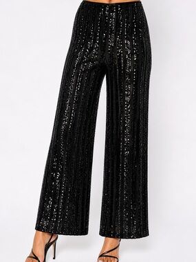 AKIRA Black Sequin Stripe Wide Leg Pants NWT | High Waist Glam | Small